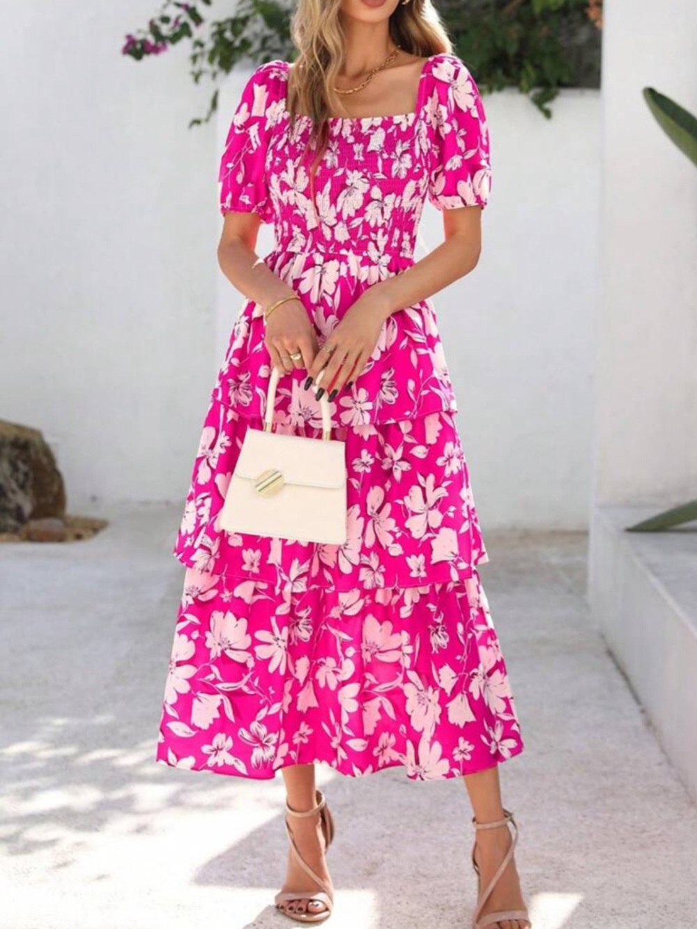 Pink and White  Floral Tiered Midi Dress